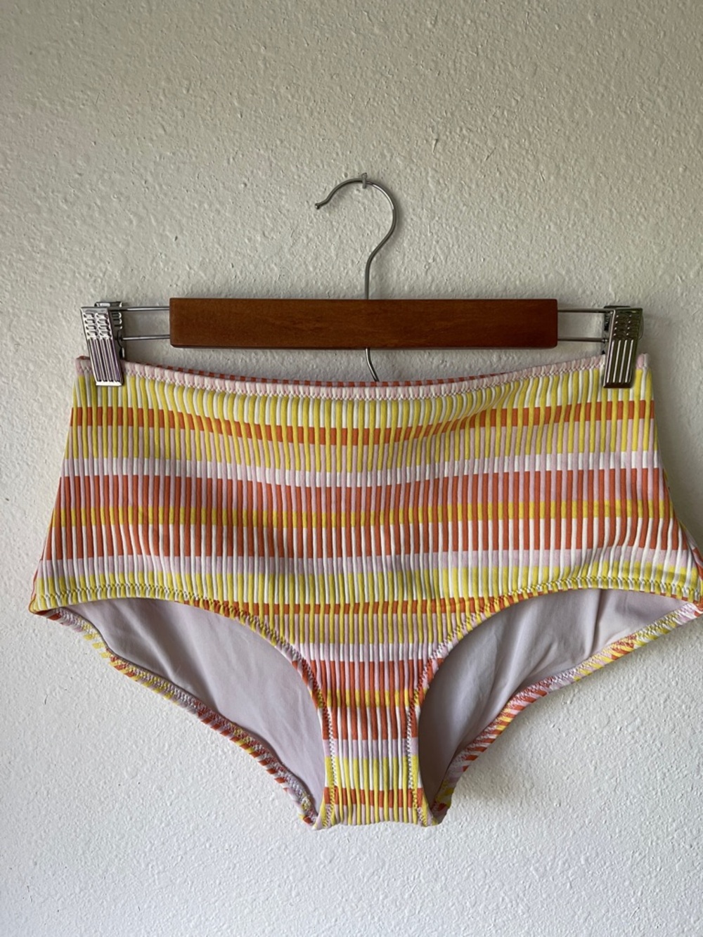 SOLID & STRIPED High-Waist Ribbed Bikini Bottom in Yellow, White & Orange Stripe